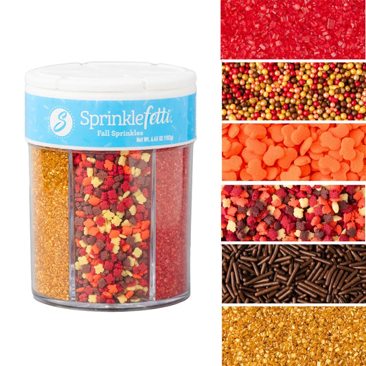 Sweets Indeed Sprinklefetti Fall 6-Cell Sprinkle Jar – 6 Assorted Fall Sprinkles (Pumpkins, Leaves, Sugar Crystals,