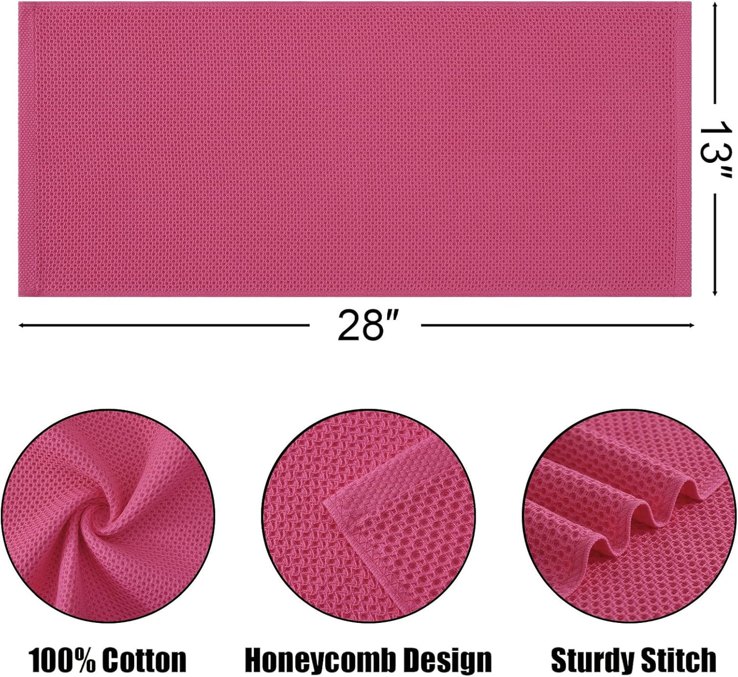Kitinjoy 100% Cotton Waffle 4-Pack Kitchen Towels, 13" x 28", Hot Pink | Super Soft, Ultra-Absorbent, Fast Drying, lightweight, Quick Drying Kitchen Hand Towels
