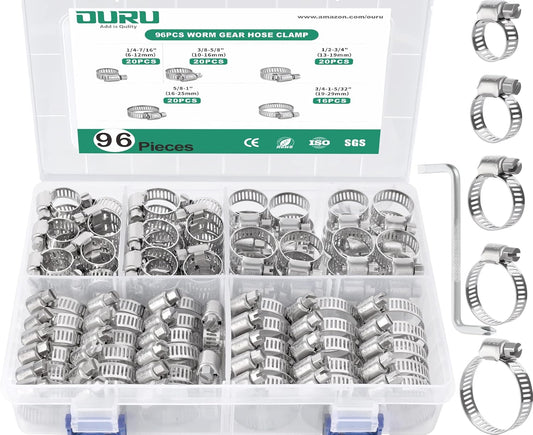 96PCS Hose Clamps Stainless Steel Assortment Adjustable 1/4"-1-5/32"(6-29mm) Worm Gear Hose Clamp, Heavy Duty Metal Small