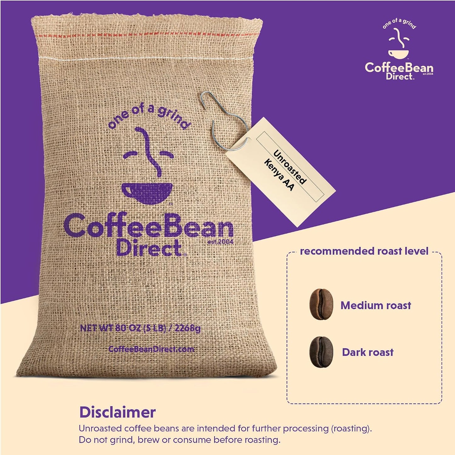 Coffee Bean Direct Unroasted Kenya AA, 5lb Bag | Raw Arabica Coffee Beans for Home Roasting