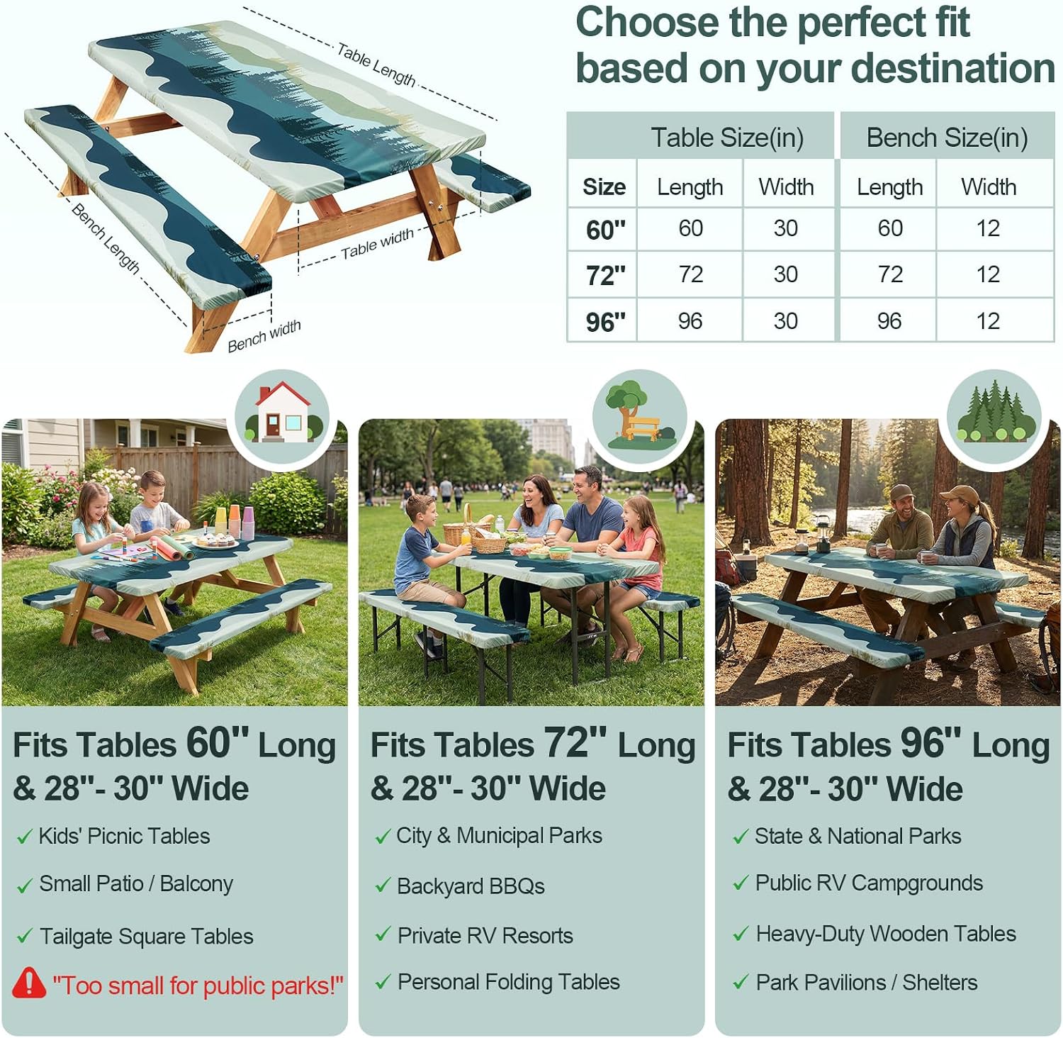 Picnic Table Cover with Bench Covers Camping Essentials Waterproof Windproof Camping Tablecloth with Drawstring Bag, Fit