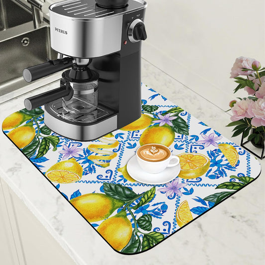 Lemon Fruit and Purple Flower Coffee Mat Absorbent Dish Drying Mat for Kitchen Counter Hide Stain Rubber Backed Coffee Bar