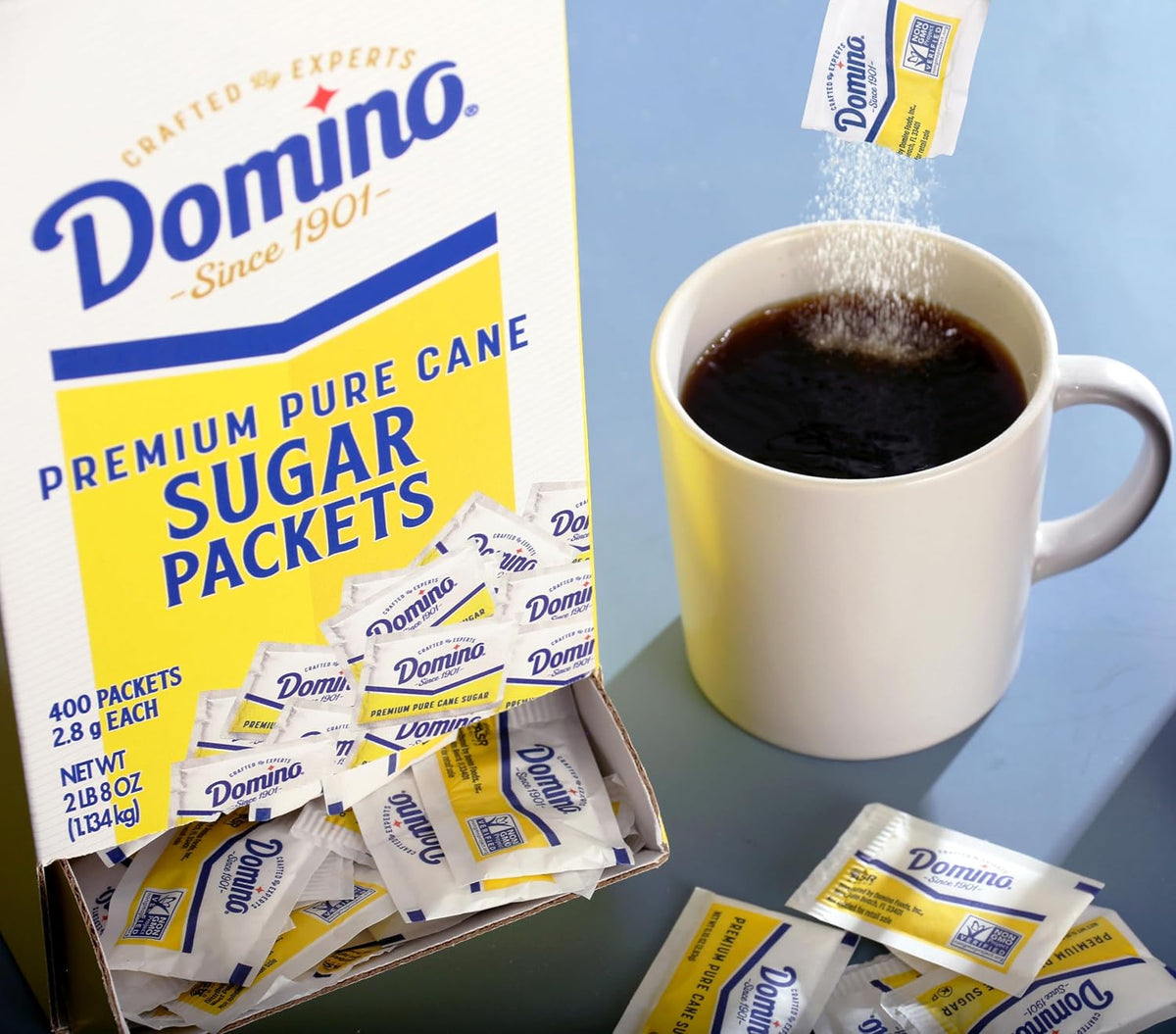 Domino® White Sugar Packets, 400 Count Dispenser Box, 0.10 oz Each | Pre-measured Portions, Mess Free Dispensing, Countertop Ready Access, Ideal for Coffee, Tea, Beverage Service, Single Use