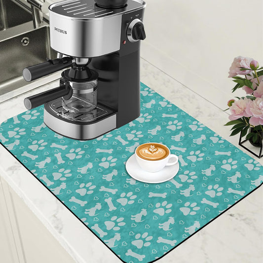 Dish Drying Mat Dog Paws and Bones Coffee Bar Mat for Countertop Absorbent Coffee Mat Rubber Backed Hide Stain Dish Drainer