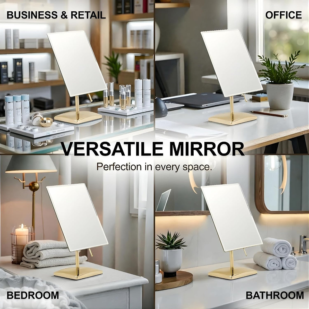 MIRRORVANA Large Free Standing Mirror, Frameless, 9.8" x 7" (Gold) | Beveled Design Elevates Bathroom, Dresser &amp; Retail Counters - Ideal for Desk, Counter, Bathroom &amp; Vanity Dressing Table