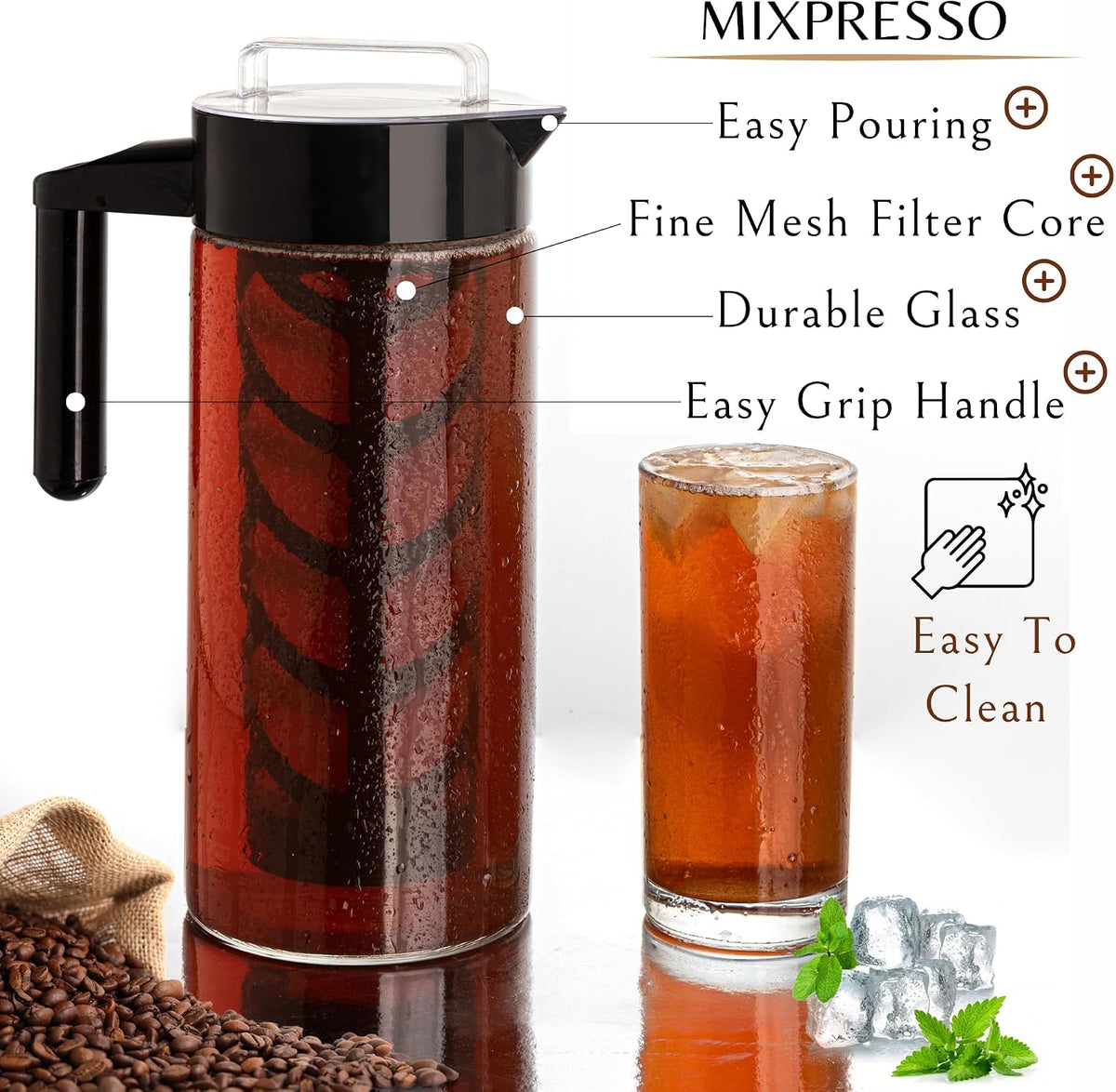 Mixpresso Cold Brew Coffee Maker, 44 Oz Glass Cold Brew Pitcher with Filter | Iced Coffee &amp; Tea Maker with Reusable Mesh Filter, Glass Pitcher for Loose Leaf Tea Easy to Clean and Designed for the Fridge