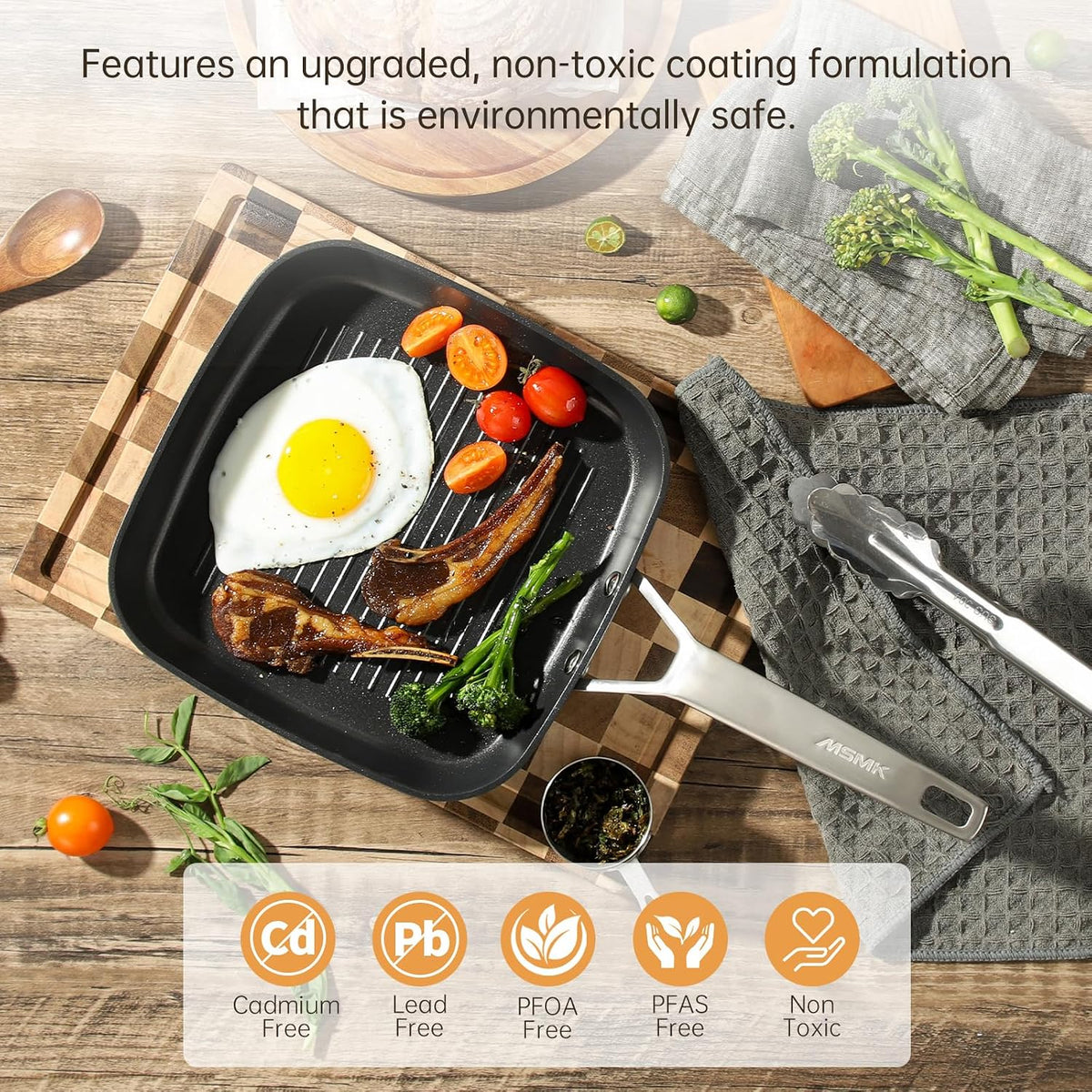 MsMk 11 Inch Induction Grill Pan, Bacon Carbonize also Nonstick, PFOA Free Non-Toxic, Stay-Cool Handle, Scratch-resistant, Induction Griddle Pan for Stove Top