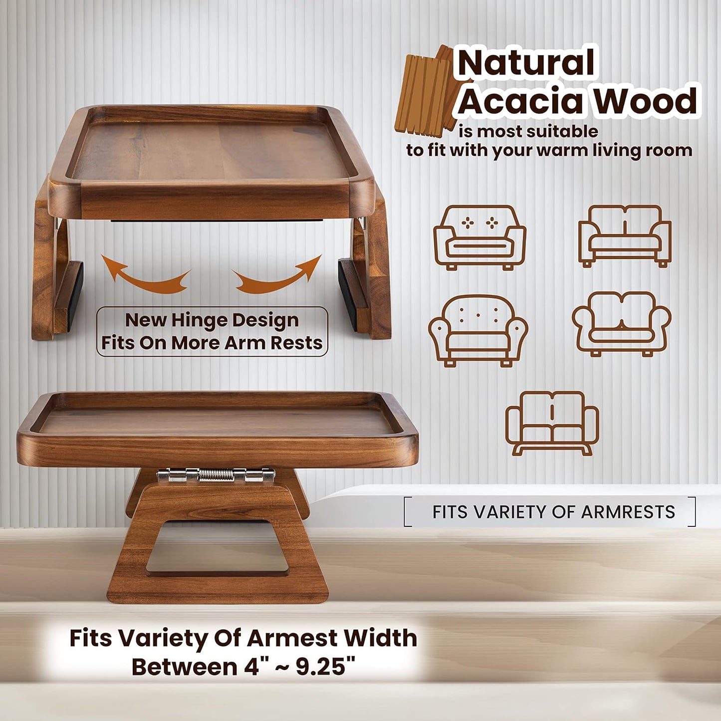 TINAMO Large Acacia Wood Couch Arm Table, Fits Most Sofas, 13.75" x 9.5" | Solid Acacia Wood Construction, Spacious Display Surface, Clips Securely with Grip, Foldable &amp; Portable, No Assembly Needed