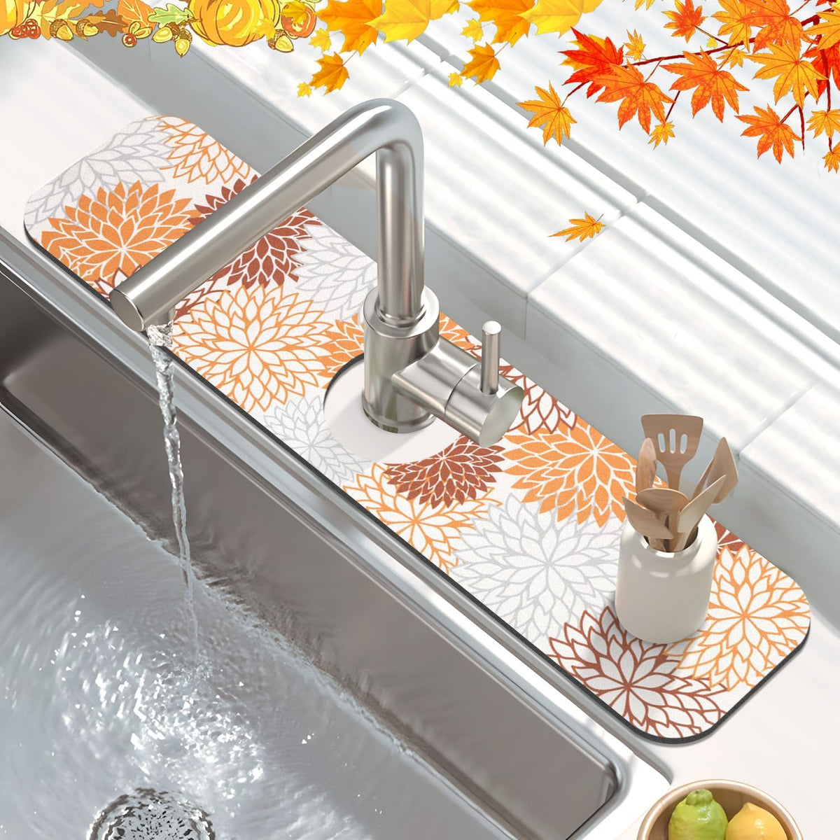 Findosom 2Pcs Fall Dish Drying Mat &amp; Sink Splash Guard, Absorbent Dish Mat