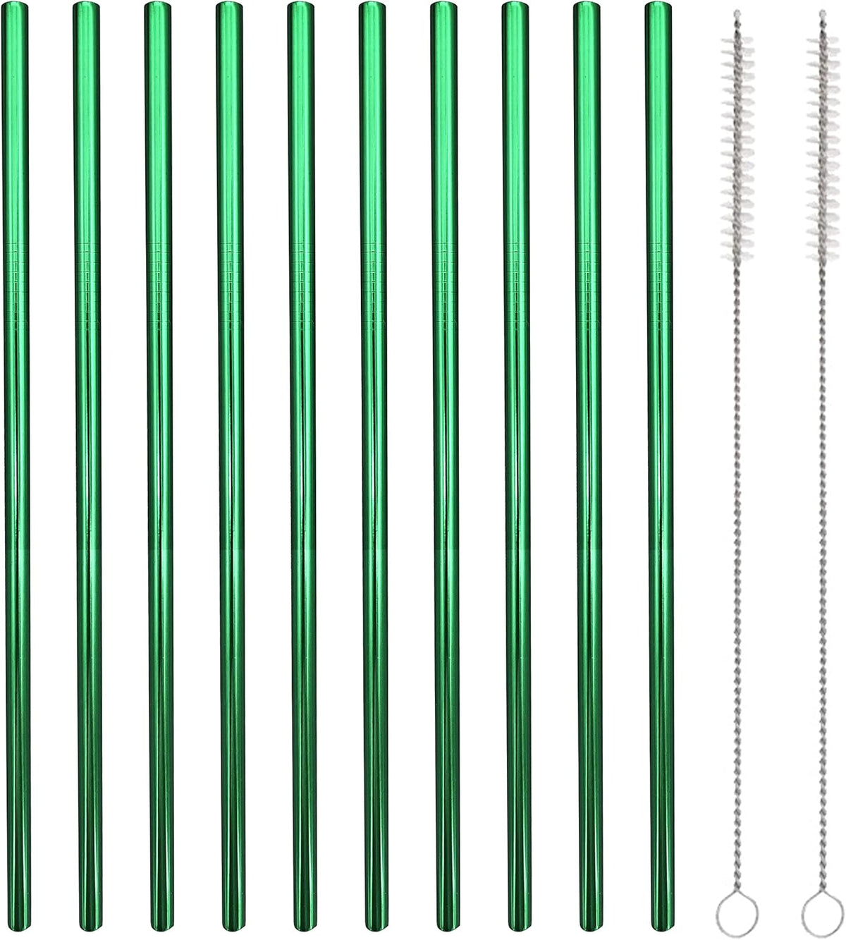 10 Pcs Stainless Steel Straws, Reusable Drinking Straws, Straight Metal Straw Sets with 2 Pcs Cleaning Brushes (10.5 Inch, Green)
