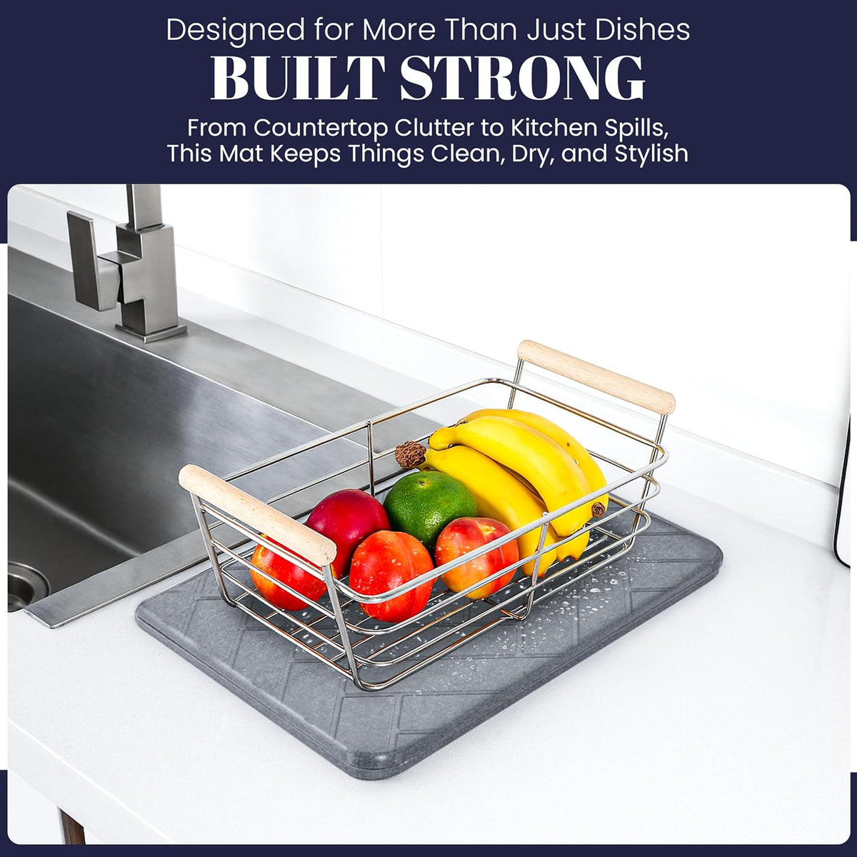 Folding Stone Dish Drying Mat for Kitchen Counter 23"x15" - Diatomaceous Earth Quick Dry Mat, Non-Slip, Foldable &amp; Absorbent Stone Drying Pad for Dishes Cups Bottles - Kitchen Bath &amp; Pet Mat