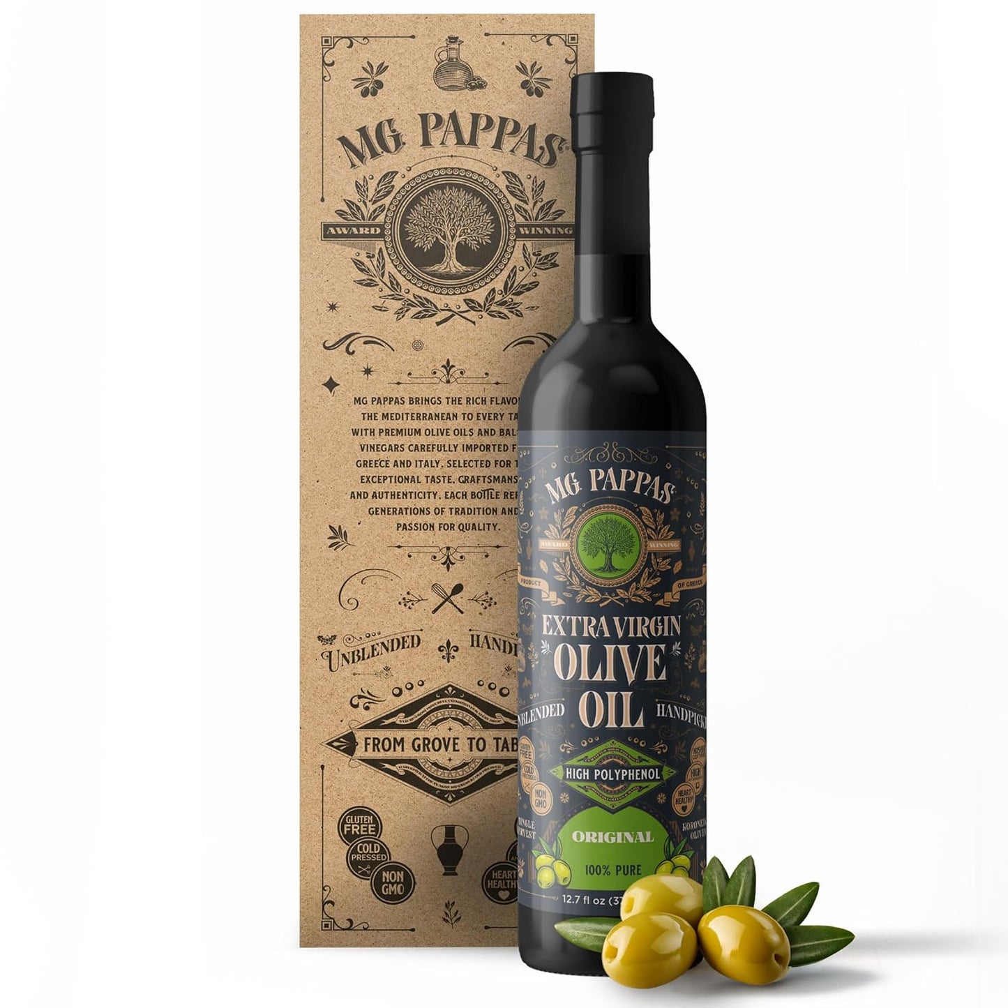M.G. Pappas Extra Virgin Olive Oil, High Polyphenol EVOO - Cold Pressed &amp; Unfiltered Greek Olive Oil - Over 500mg/kg Polyphenols with High Hydroxytyrosol - Award-Winning Organic Quality - 12.7oz (375ml) Bottle