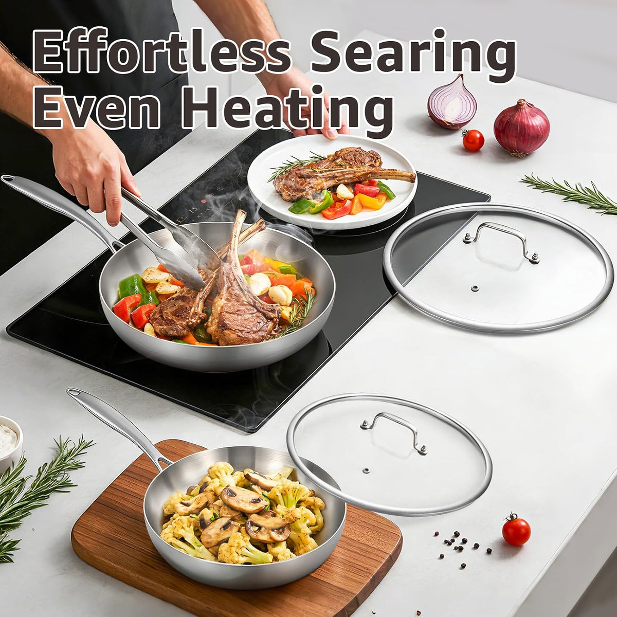 Inqibee 8.5-12 Inch Tri-Ply Stainless Steel Frying Pans Set with Lids,Skillets,Induction Cooking Pans,Pots and Pans Set,Dishwasher and Oven Safe,Detachable Handle