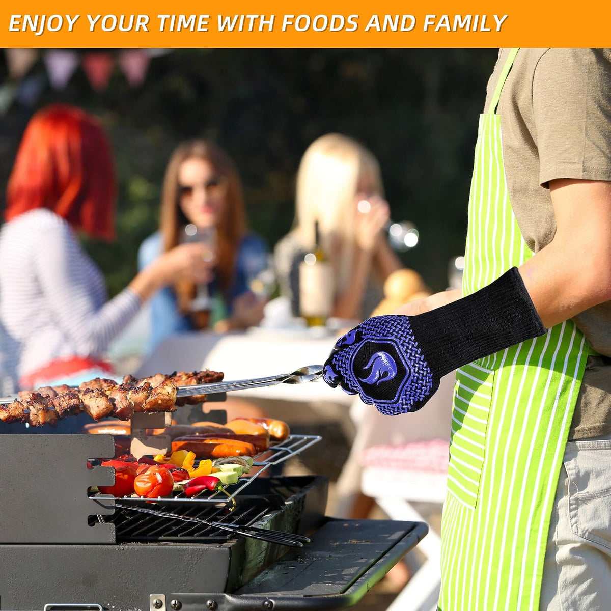BBQ Gloves 1472F Heat Resistant Non-Slip Silicone 13.5in (Blue) | Grill Cut-Resistant, Oven Kitchen Safe for Barbecue, Cooking, Frying