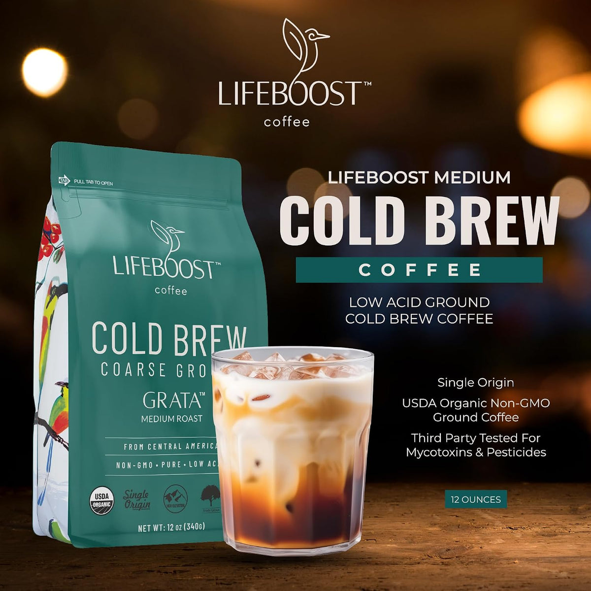 Lifeboost Low Acid Cold Brew Coffee, Organic Coarse Ground Medium Roast, 12 oz