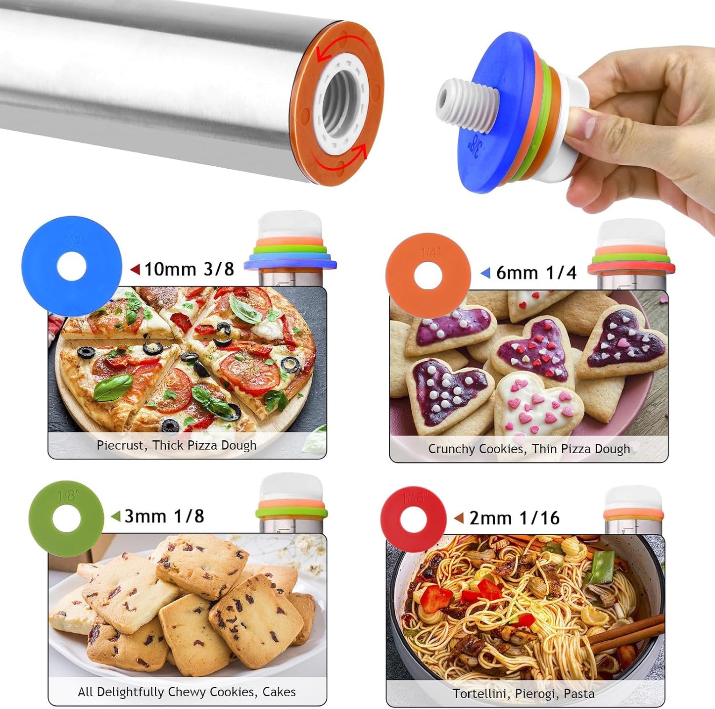 Adjustable Rolling Pin 19 Set and Silicone Baking Pastry Mat Set,Thickness Rings,Dough Roller &amp; Steel Cutter&amp; 6 Cookie Molds &amp; Cake Molds for Baking Dough Stainless Steel Dough Roller, Pizza, Pie