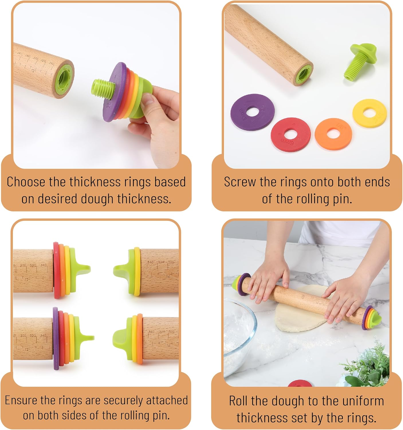 Adjustable Rolling Pin with Thickness Rings, 13.8", 4 Rings