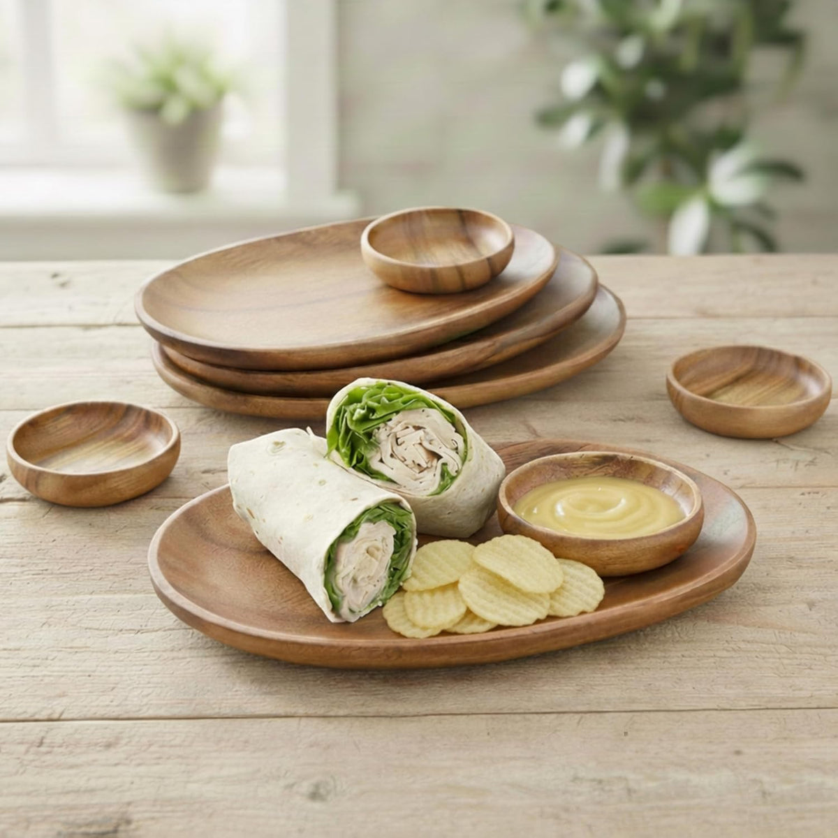 Woodard &amp; Charles Acacia Wood 12" Oval Tray with Dip Bowls, 8 Piece Set | 4 Acacia Wood Serving Trays and Bowls; Serve Appetizers, Sandwiches and Hors d'Oeuvres. Ideal for Parties and Entertaining