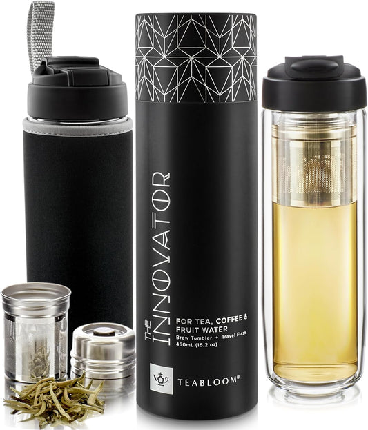 Teabloom Travel Tea Infusing Cup – Insulated Borosilicate Glass Bottle with Magnetic Controlled Infuser and Flip Lid for Hot