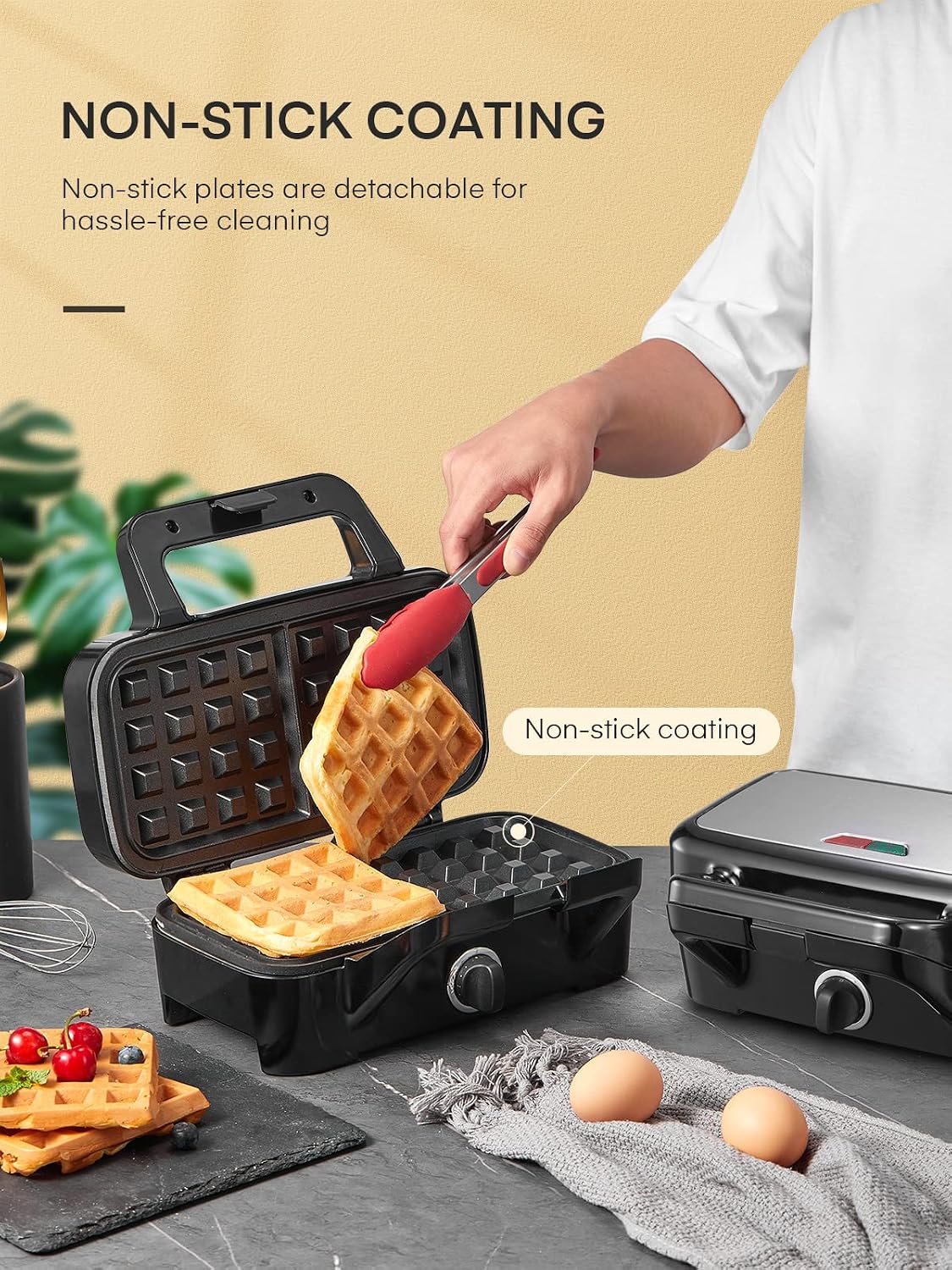 FOHERE Sandwich Maker 3 In 1 Waffle Maker With Removable Plates,Grilled Cheese Maker, 5-gear Temperature Control, Non-stick Coating Easy to Clean, Indicator Lights, Silver/Black
