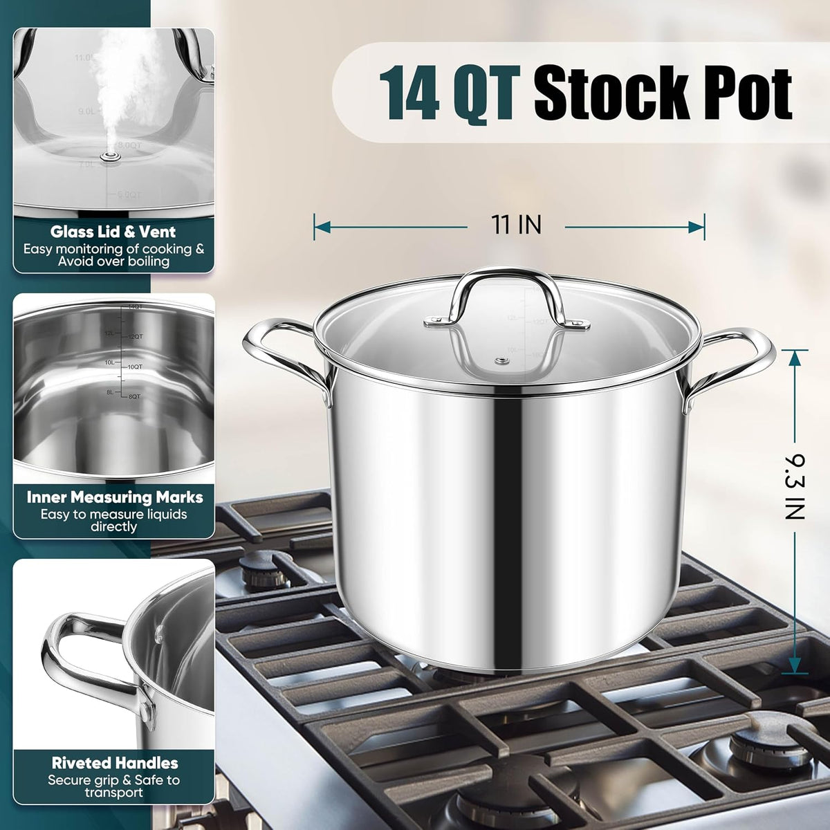 E-far 14 Quart Stainless Steel Stock Pot, Heavy Duty Induction Stockpot with Glass Lid for Cooking Soup Canning, Thick Tri-Ply Bottom & Riveted Handles, Compatible with All Stoves, Dishwasher Safe
