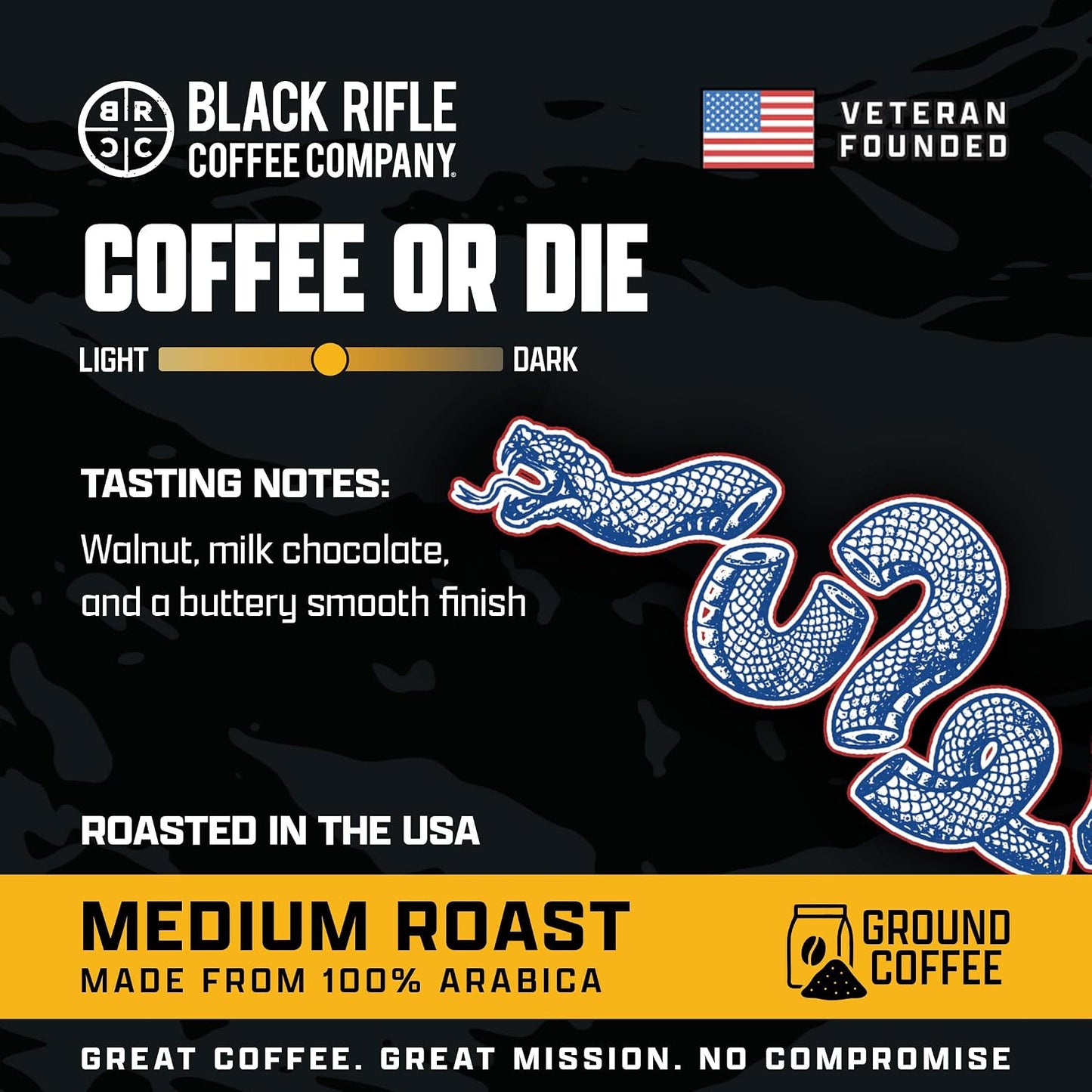 Black Rifle Coffee Medium Roast Ground Coffee Coffee or Die 12 oz | Veteran Founded, 100% Arabica, milk chocolate, toasted walnut &amp; buttery finish