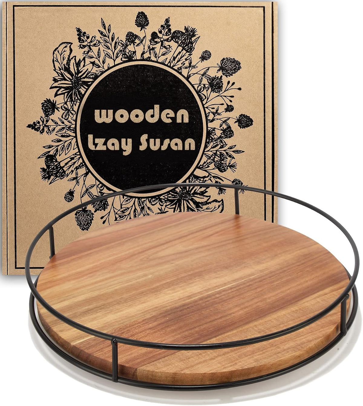10" Acacia Wood Lazy Susan Turntable, Tomoaza Kitchen Organizer Turntable with Steel Sides, 360 Degree Lazy Susan for Countertop Cabinet or Dining Table (Black)