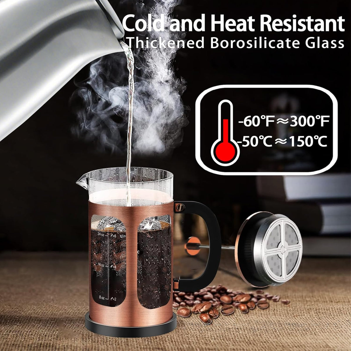 French Press Coffee Maker (34oz 1Quart 5-6Cup) Coffee Press, with 4 Filters System, Heat Resistant Thickness Borosilicate Glass, Cold Brew Coffee Tea Pot Gifts (Copper)