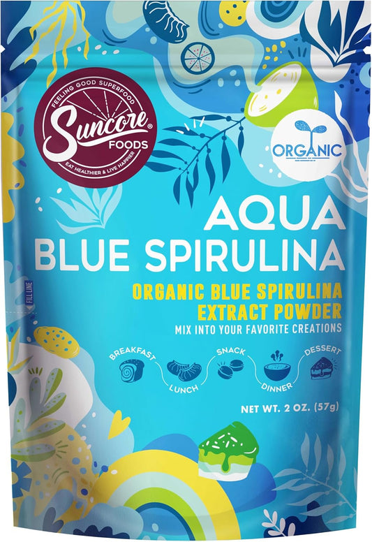 Suncore Foods Organic Aqua Blue Spirulina Powder, 2 oz (1 Bag), Gluten-Free, Non-GMO, Plant-Based, Perfect for Food
