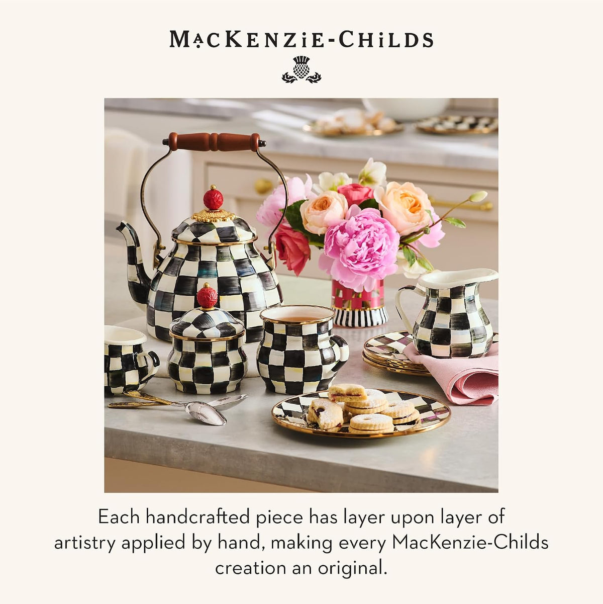 MACKENZIE-CHILDS Tea Kettle, 2 Quarts, Black-and-White Courtly Check