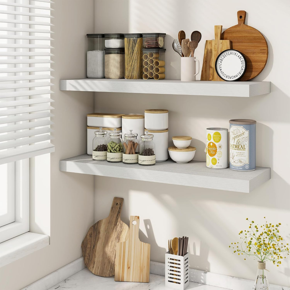 Fun Memories 9.3Inch Deep Floating Shelves for Wall, 30 Inch Rustic Wood Wall Mounted Shelves for Bathroom, Bedroom, Kitchen, Deep Floating Shelf for Storage &amp; Home Decor (White, Set of 2)