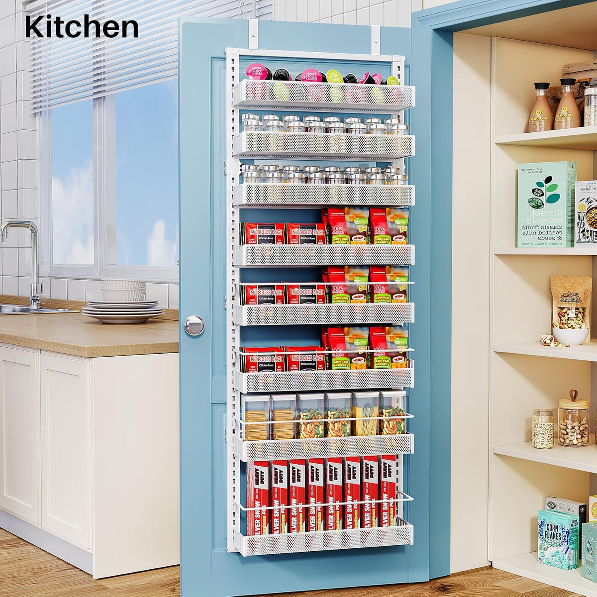 Over the Door Pantry Organizer - 8 Tier Adjustable Hanging Door Spice Rack, Large Capacity for Kitchen Pantry Storage (White)