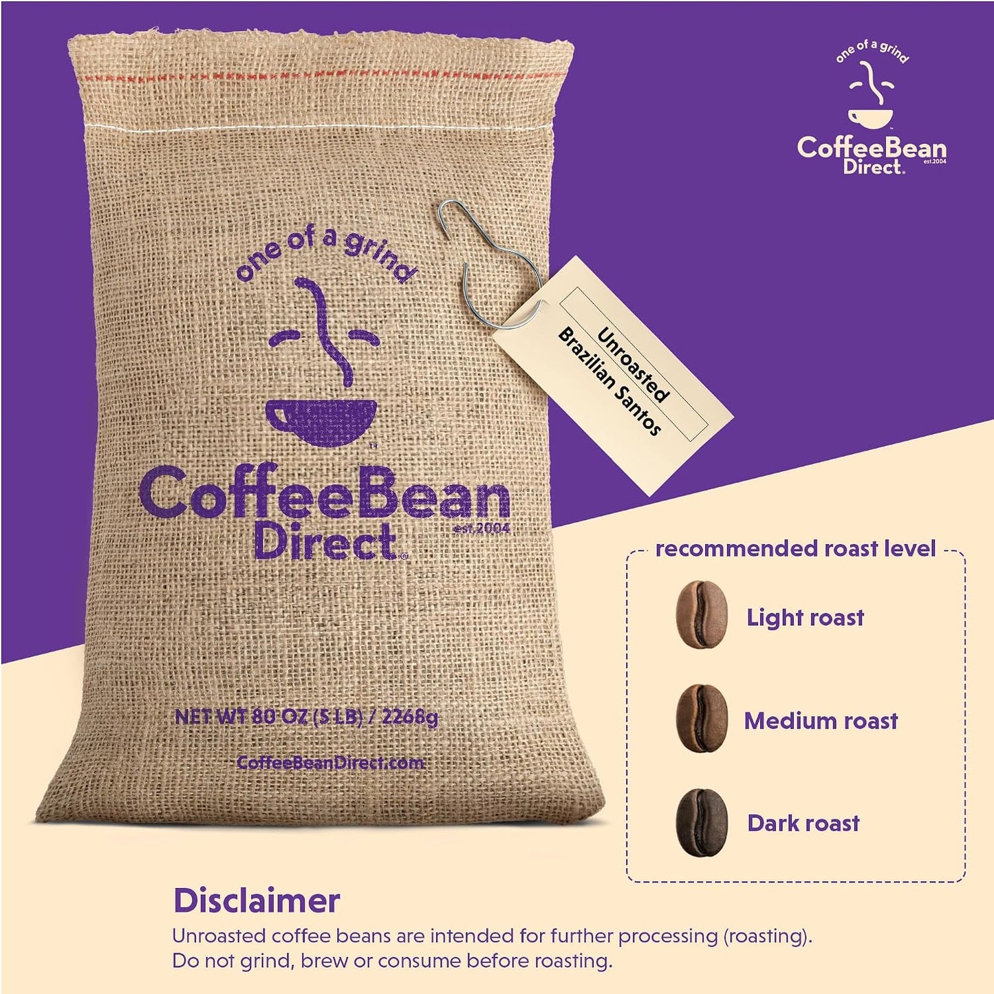 Coffee Bean Direct Unroasted Brazilian Santos, 5lb Bag | Raw Arabica Coffee Beans for Home Roasting
