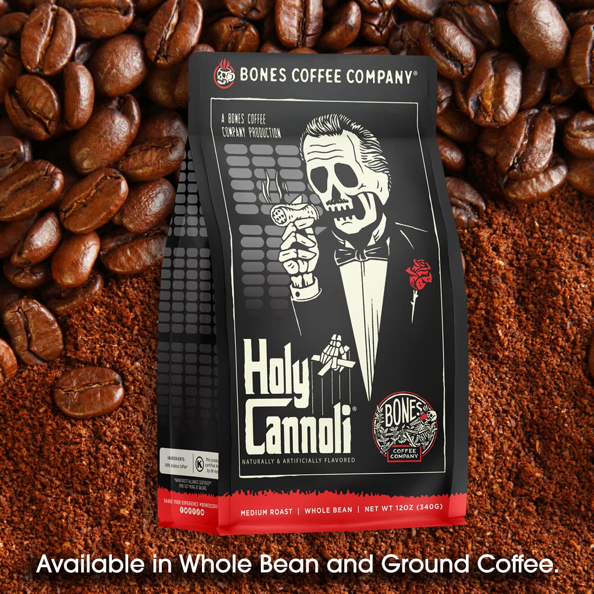 Bones Coffee Company Holy Cannoli, Baked Cannoli Flavored Coffee, Medium Roast Low Acid Arabica Beans Compatible with Auto drip and French Press Coffee Maker, 12 Oz Ground