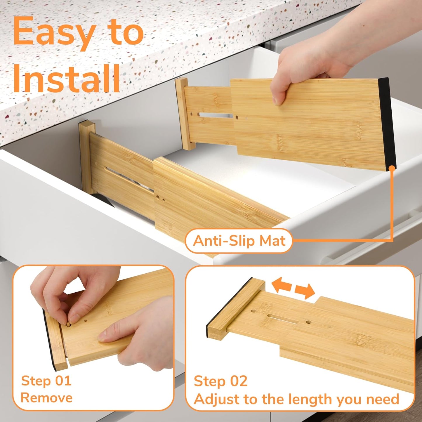 BAMEOS Bamboo Expandable Drawer Dividers – Fits 12.2"–17" Drawers, 4" Extra Deep Walls, Set of 4 | Tall Spring-Loaded Separator for Baby Dresser, Sock Drawer &amp; Bathroom Cabinet