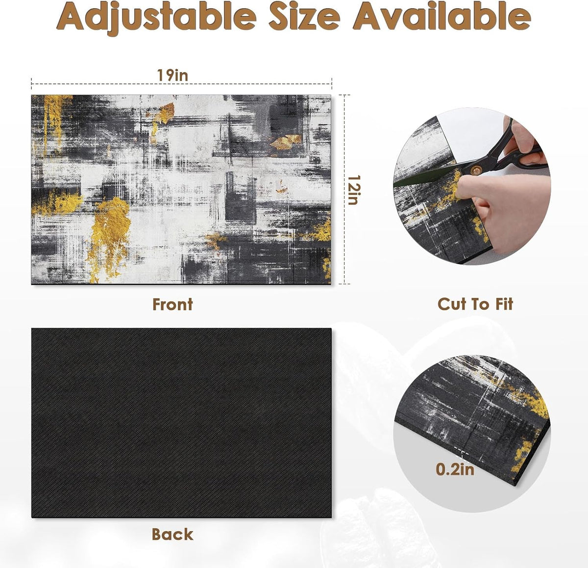 Arttown Coffee Mat for Countertops, 2 Pcs, 12" x 19" Abstract Minimalism | Golden Black Grey Dish Drying Mats Rubber Backed, Kitchen Bar Accessories for Espresso Machine Rack Hide Stain