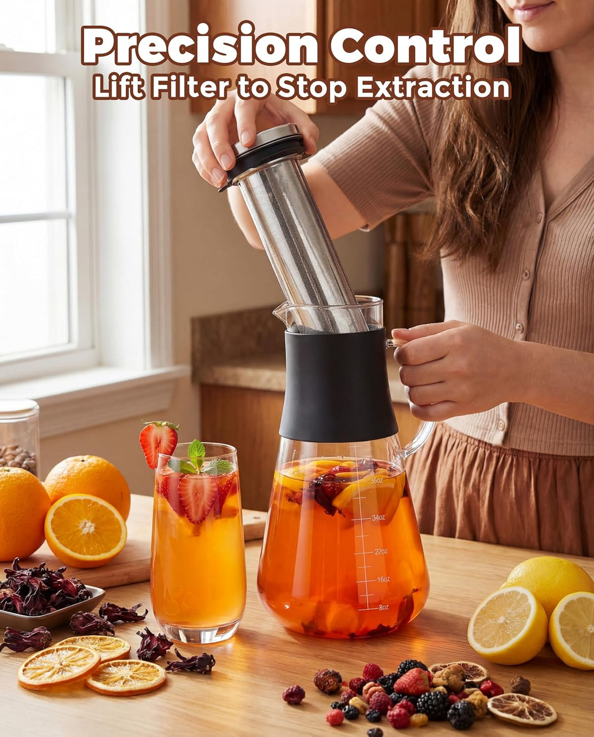 AGOGO 54oz Glass Coffee Maker &amp; Pitcher for Iced Tea &amp; Fruit Infusions | Thermal-resistant borosilicate, removable metal filter, and anti-scald grip for family breakfasts, office sharing, or gifts