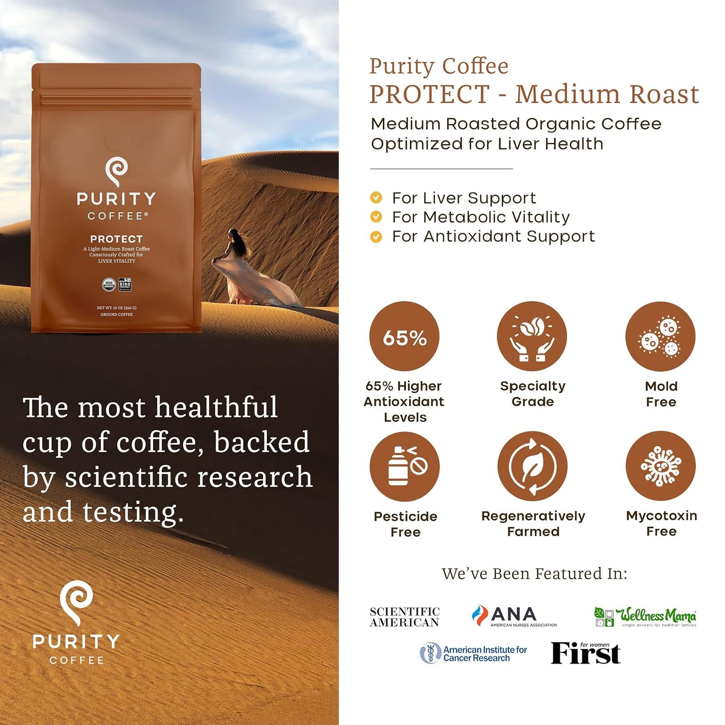 PROTECT High Antioxidant Light-Med Roast Ground (12oz Bag) | Specialty-Grade USDA Organic Arabica Blend | Third Party Tested for Mold, Mycotoxins &amp; Pesticides