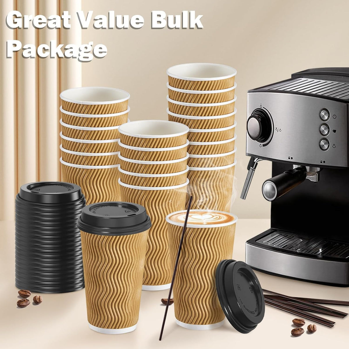 SIUQ 90 Pack 16 oz Disposable Coffee Cups with Lids and Straws - Champagne | Insulated Ripple Wall To Go Paper Cups for Hot/Cold Drinks, Coffee, Tea &amp; Chocolate. Ideal for Office, Travel, Parties