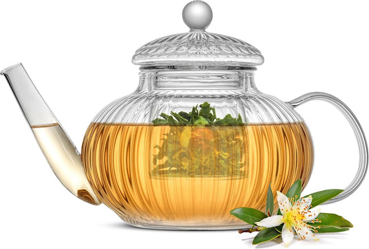 JoyJolt Fluted Glass Teapot Set 34oz, Stovetop Safe Tea Kettle, Borosilicate Clear Kettle with Removable Glass Infuser,
