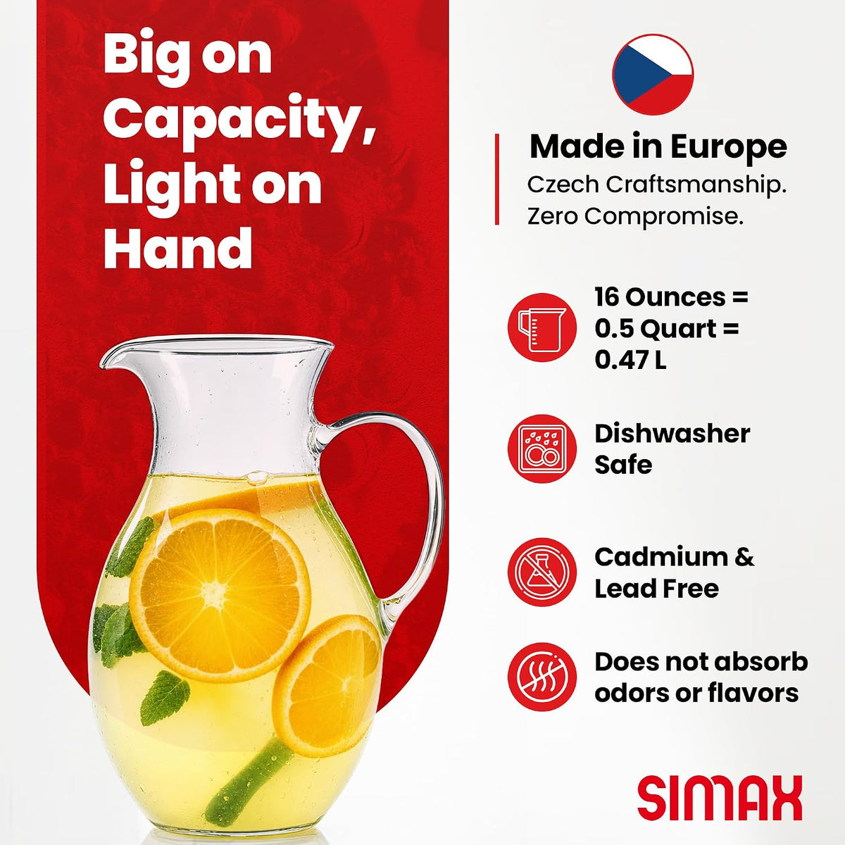 Simax SMALL Glass Pitcher 16 Oz: Borosilicate Glass Pitchers With Handle - Montessori Pitcher For Kids - Mini Pitcher - Small Water Pitcher For Orange Juice, Milk &amp; Tea - Pint Small Pitcher -1/2 Quart