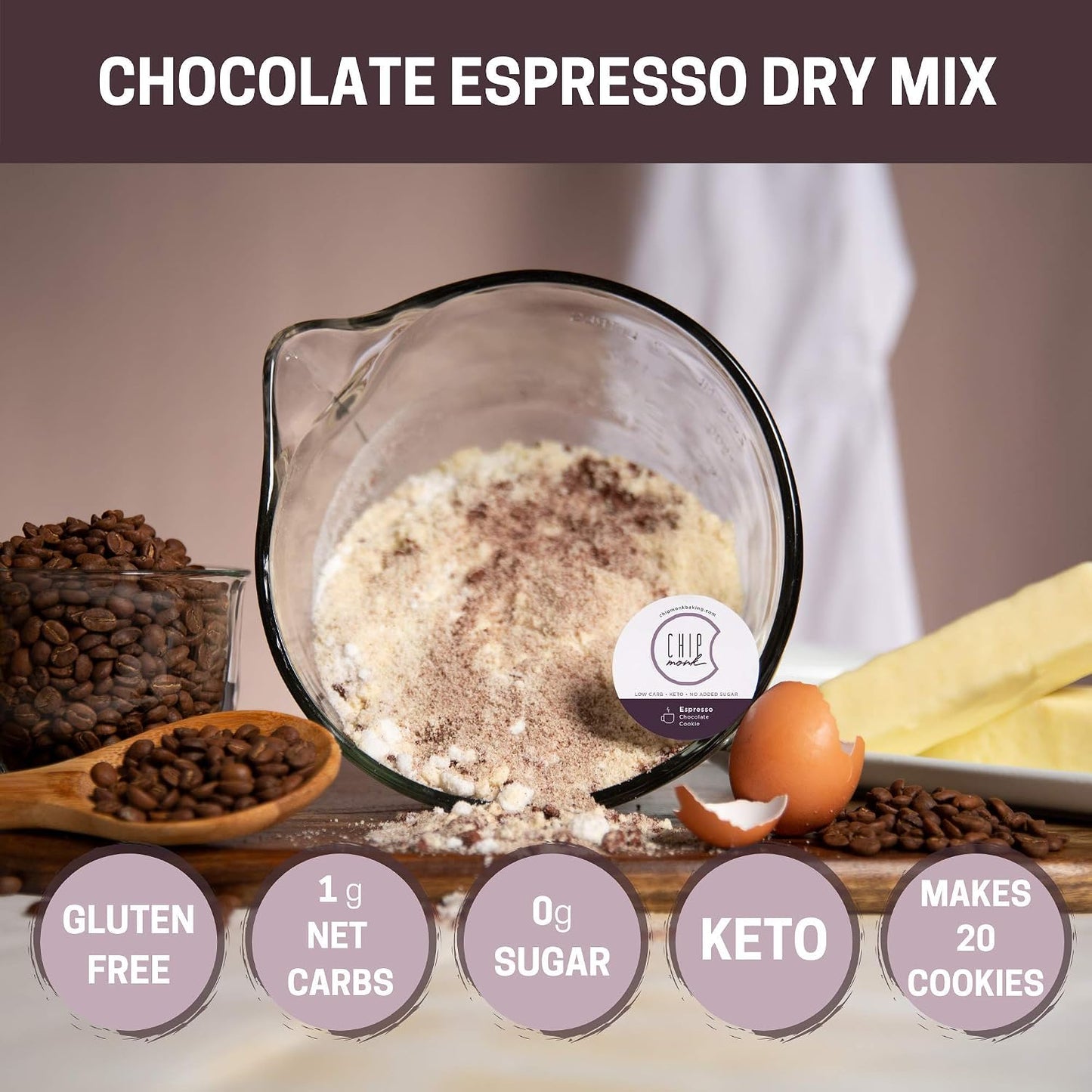 ChipMonk Espresso Chocolate Keto Cookie Mix Low Carb Gluten-Free Baking Mix | Gluten-Free Almond Flour Mix Yields 20 Soft, Chewy High-Protein Low-Carb Low-Sugar Cookies; 1g Net Carb Each