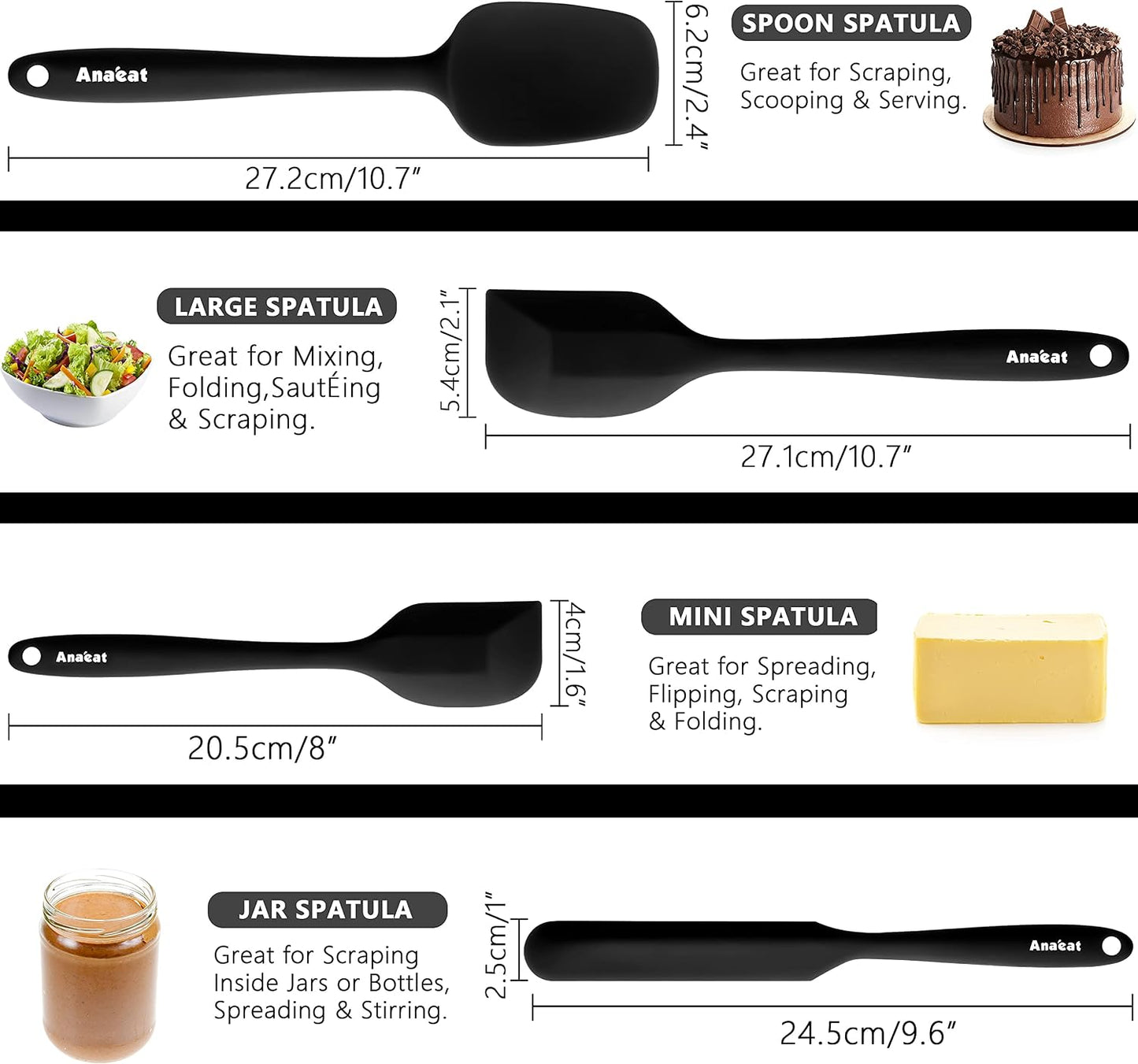 Anaeat 4 Piece Silicone Spatula Set - Seamless One-Pieces Design - Non Stick Rubber Spatulas Kitchen Scraper for Baking, Cooking, Scraping &amp; Mixing, Heat Resistant &amp; BPA Free &amp; Dishwasher Safe (Black)