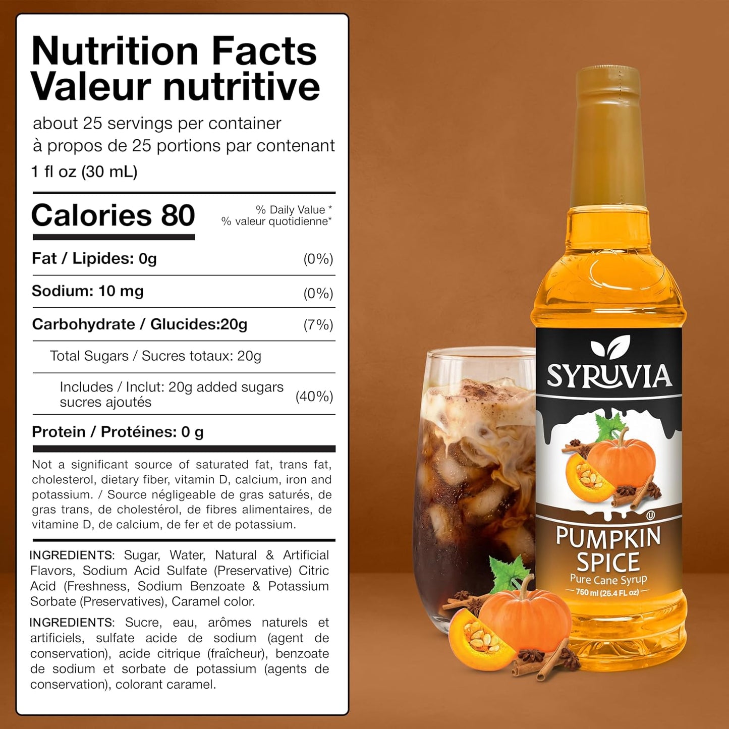 Syruvia Pumpkin Spice Syrup for Coffee 25.4 Ounces Pumpkin Spice Flavored Coffee Syrup