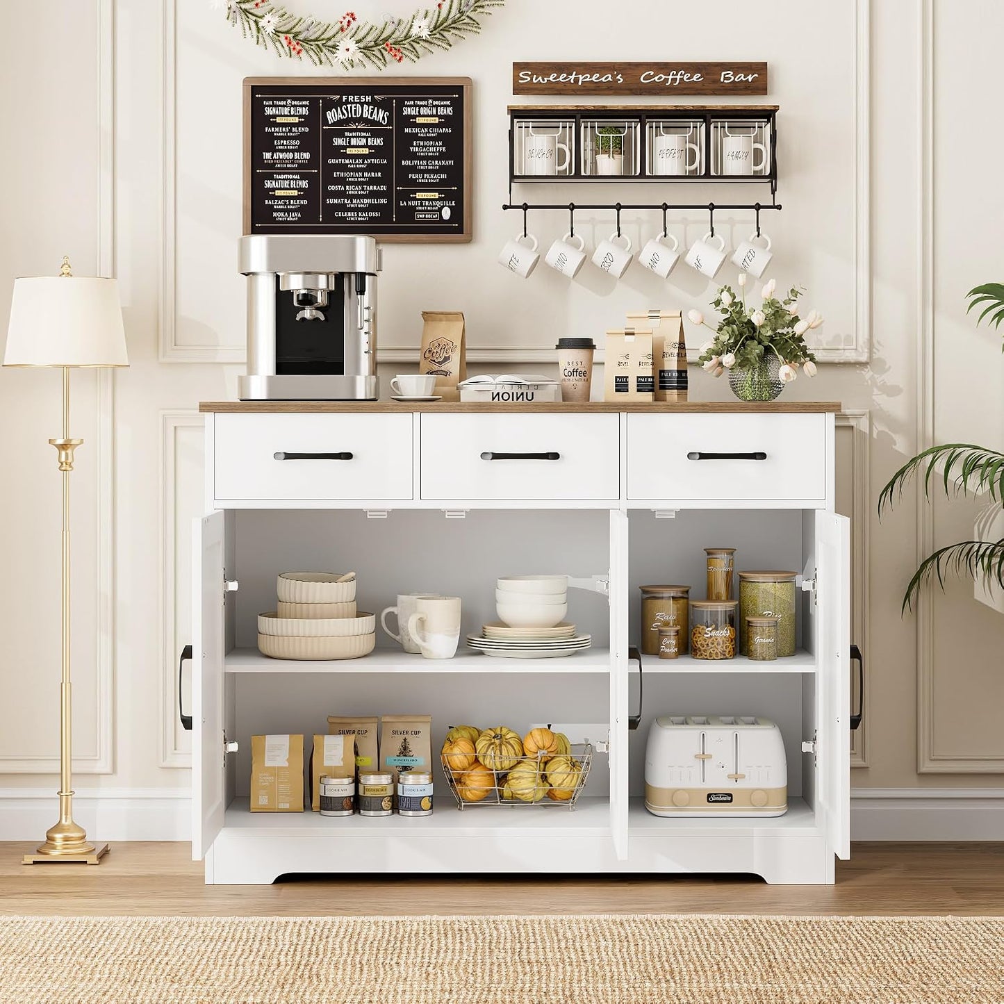 HOSTACK Kitchen Buffet Cabinet with Storage, Sideboard Coffee Bar, White | Farmhouse Kitchen Storage Cabinet with 3 Drawers &amp; Adjustable Shelf, 42.5"W Buffet Table for Dining Living Room