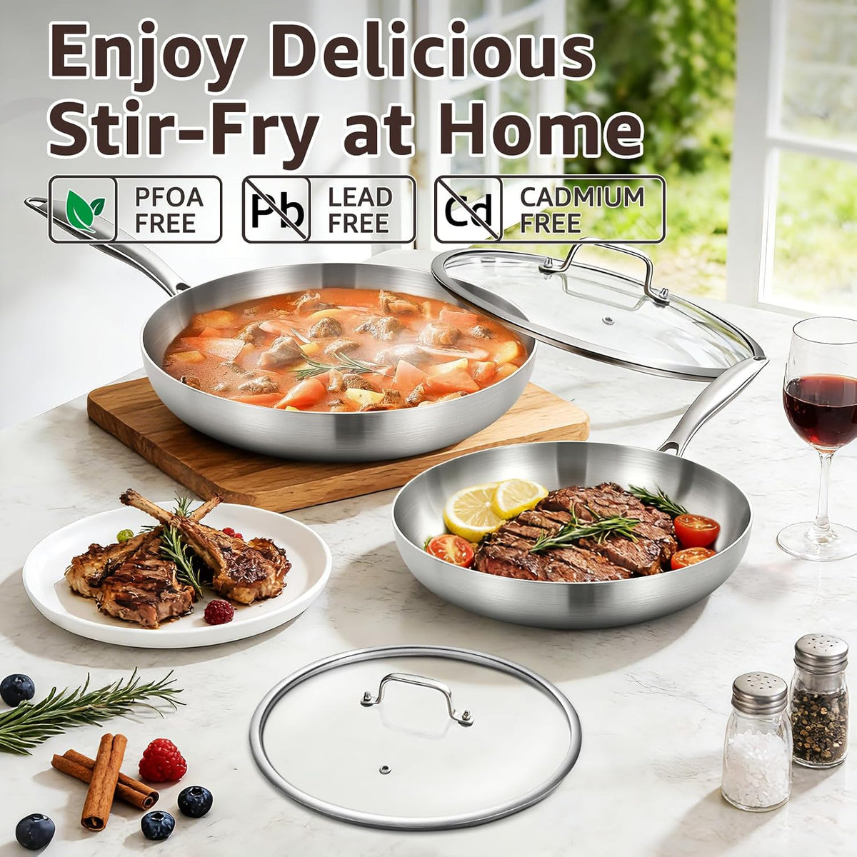 Inqibee 8.5-12 Inch Tri-Ply Stainless Steel Frying Pans Set with Lids,Skillets,Induction Cooking Pans,Pots and Pans Set,Dishwasher and Oven Safe,Detachable Handle