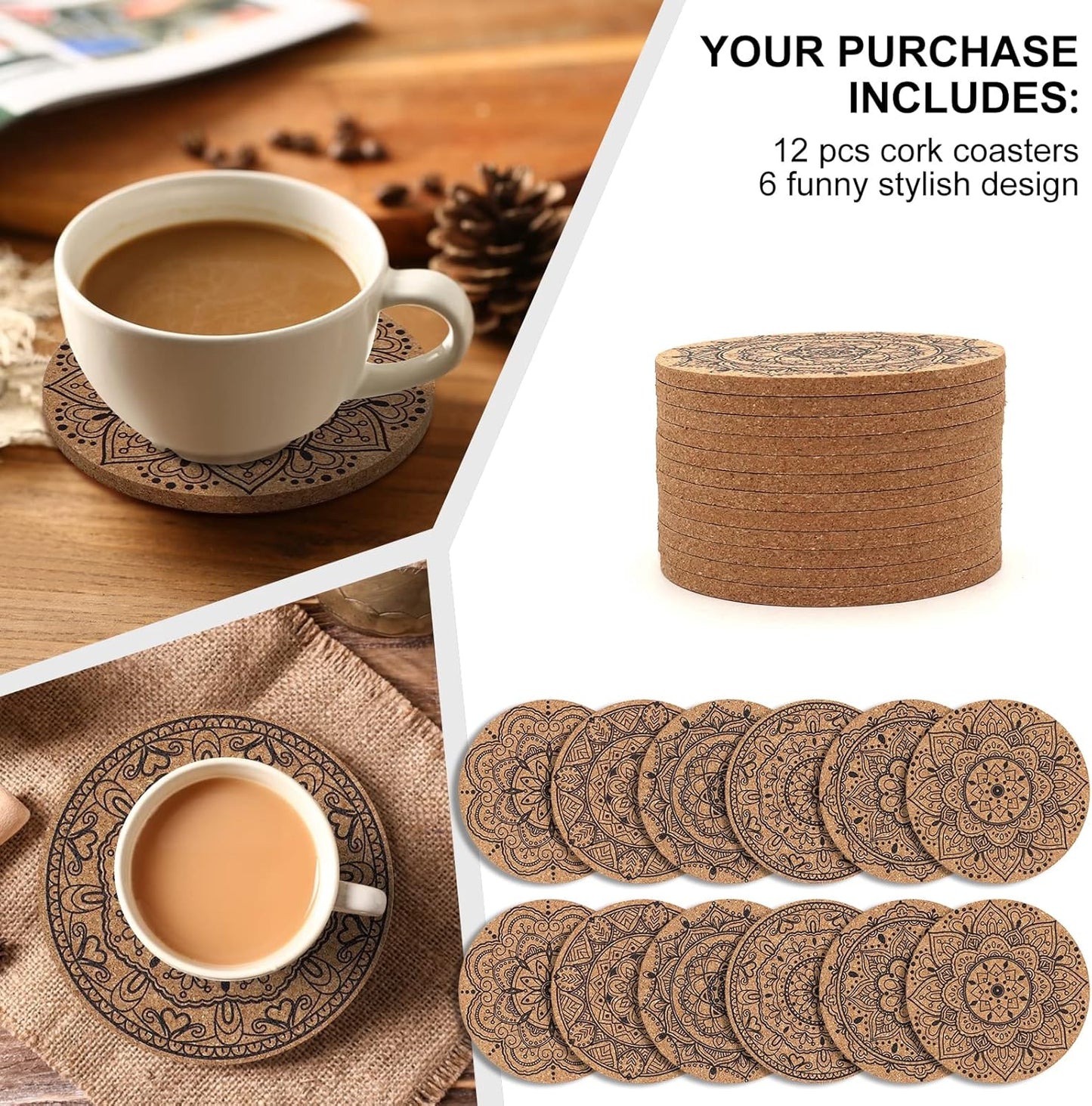Cork Coasters for Drinks Absorbent Non Slip 12pcs 4 Inch India | Coaster for Coffee Table Housewarming Gifts for New Home Present for Friends, Living Room Decor, Apartment Decor, Elegant