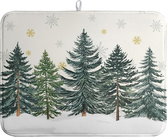Winter Forest Dish Drying Mat Winter Snowflake Large Kitchen Mats Dish Drying Pad Christmas Tree Absorbent Dish Dryer Mat