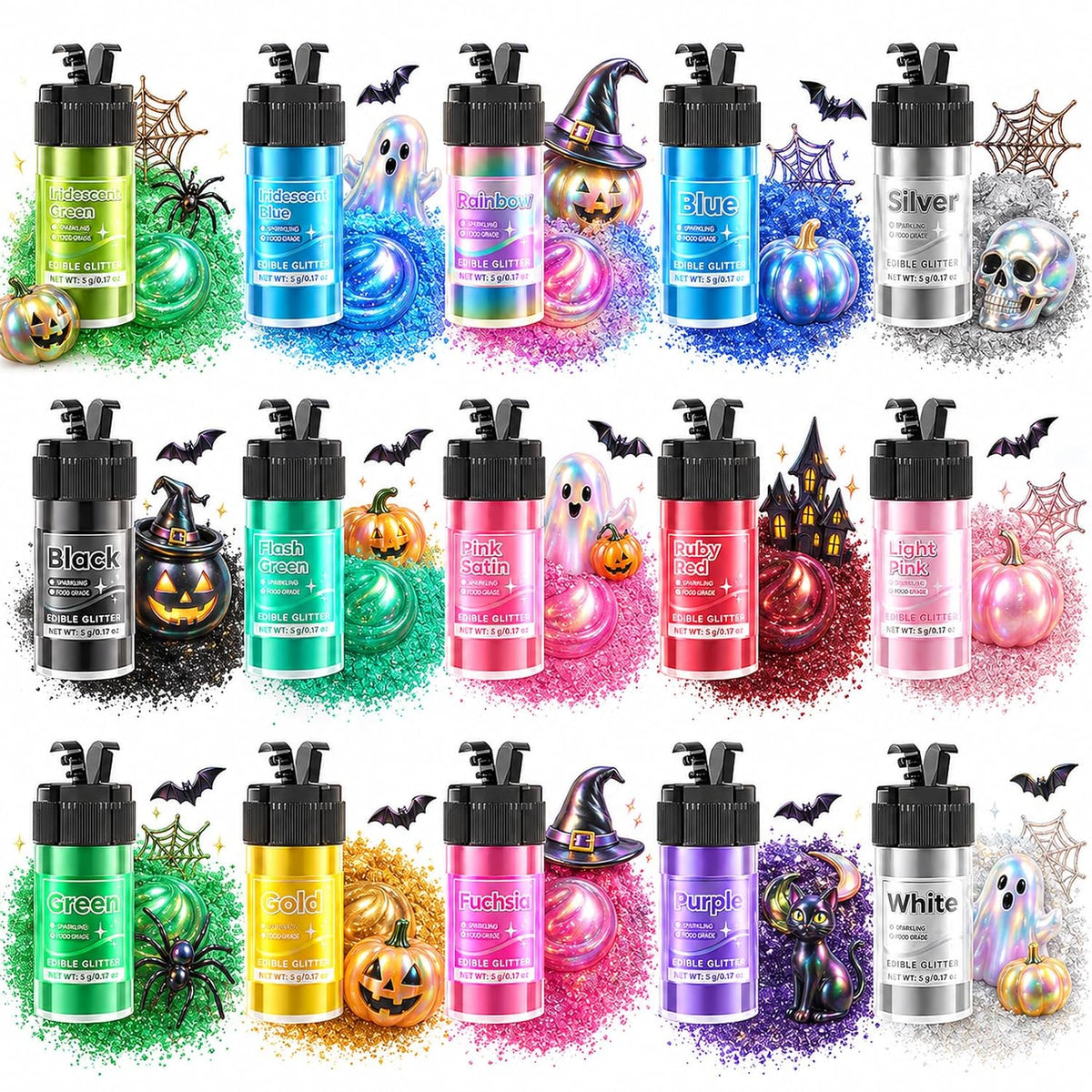 Edible Glitter - 15 Popular Colors Edible Glitter for Cocktails, Food Grade Luster Dust, Iridescent Shimmer Powder for Cake Decorations, Drinks, Baking, Dessert - 3 Particle Sizes - 5g/Bottle