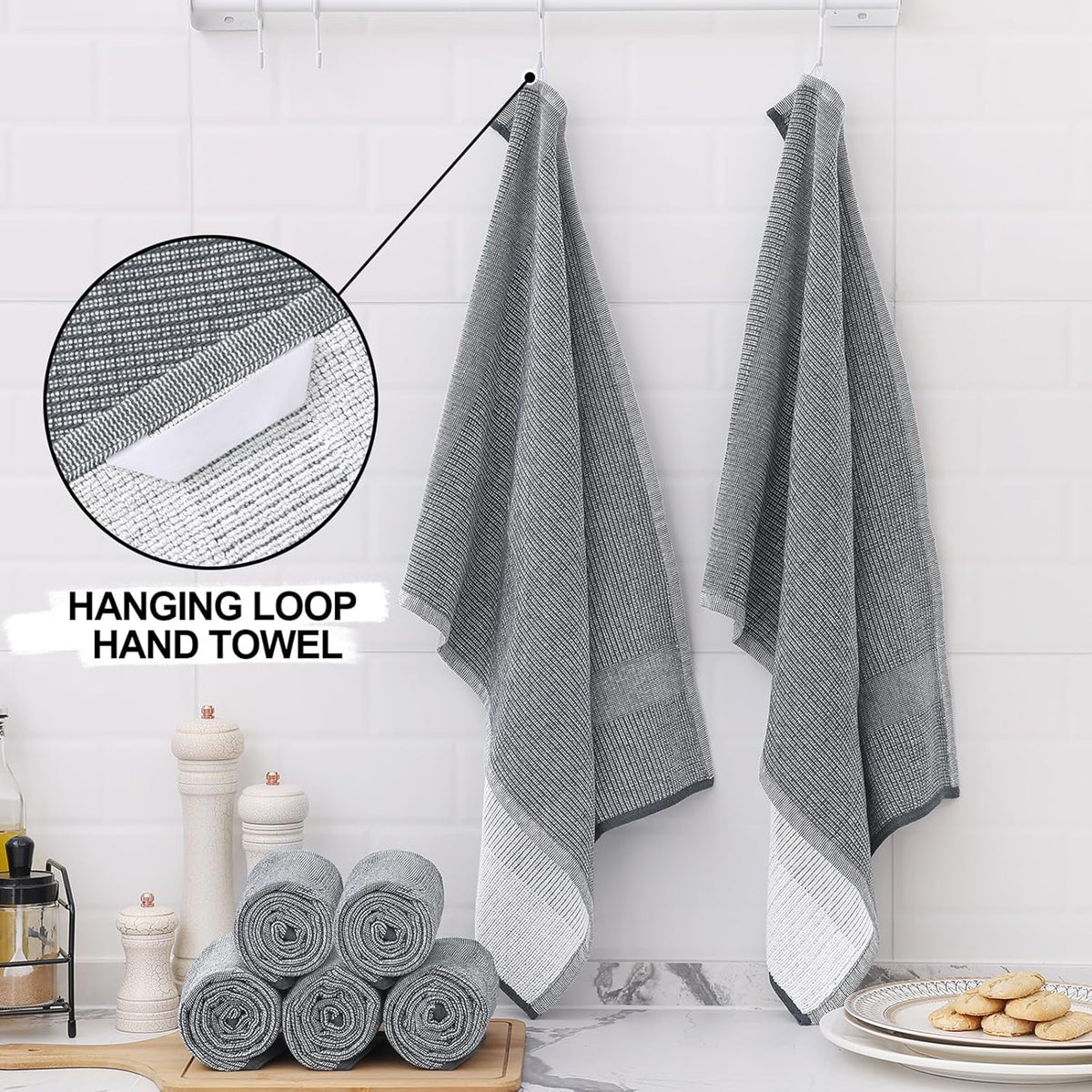 Homaxy Premium Kitchen Towels(18”x 28”, 12 Pack), Large Cotton Kitchen Hand Towels, Flat and Terry Dish Towels, 380 GSM Highly Absorbent Tea Towel Set with Hanging Loop, Grey
